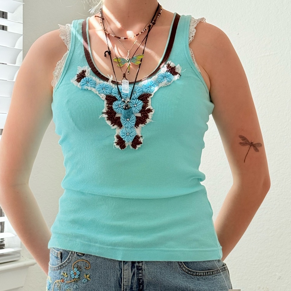 Tory Burch Turquoise Embroidered Women's Tank Top